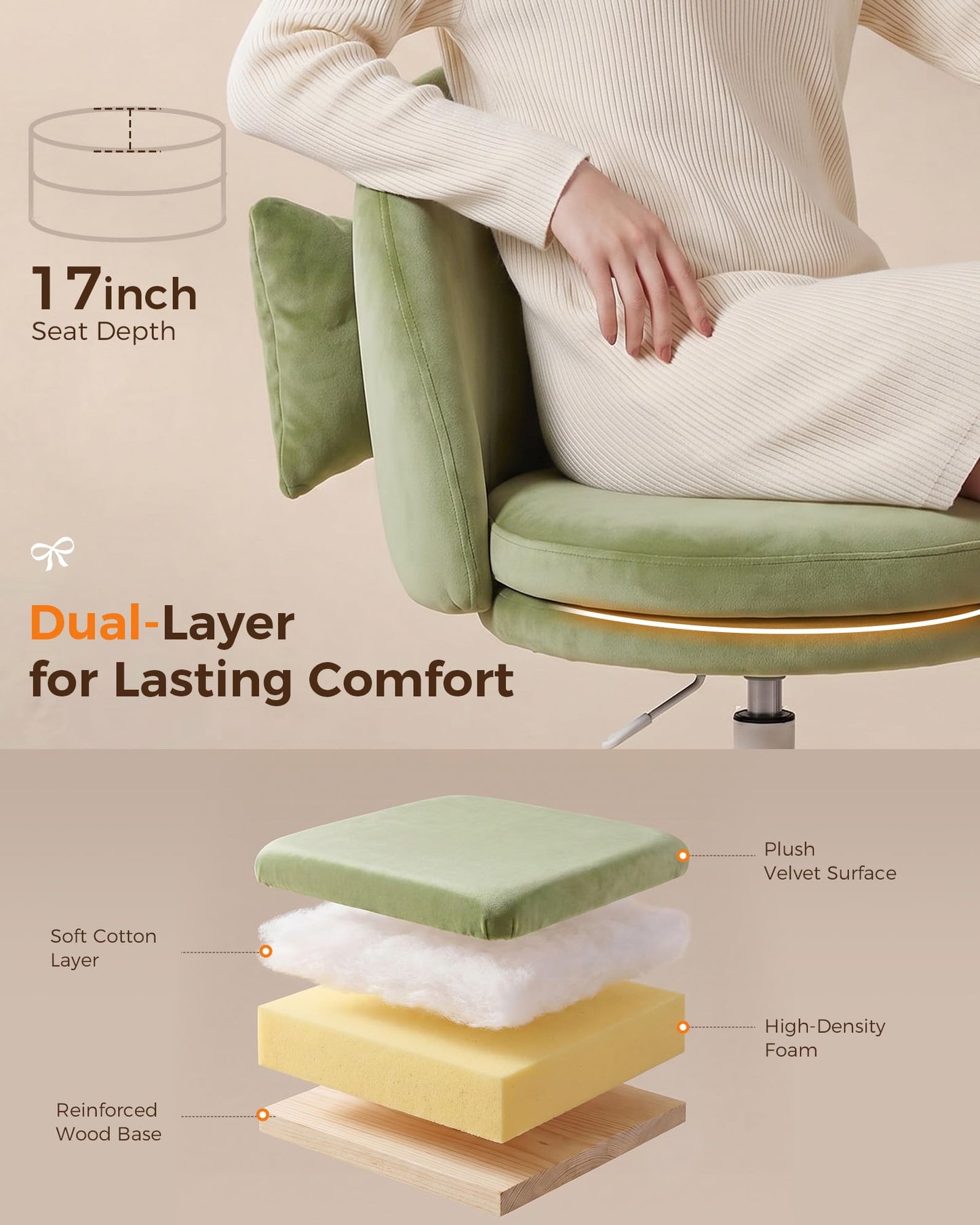 GTPLAYER Velvet Tall Office Chair with Wheels Vanity Chairs with Back, Versatile Height Use: Office to Bar Stools Small Ergonomic Comfy Armlees Computer Desk Chair with Bow Lumbar Pillow for Gift