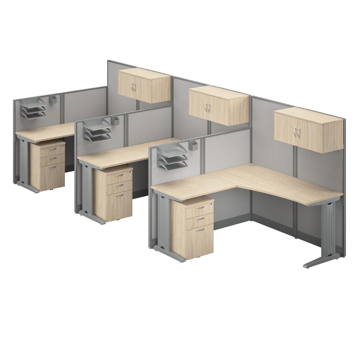 Bush Business Furniture Office in an Hour 3 Person L Shaped Cubicle Desks with Storage, Drawers, and Organizers in Mocha Cherry | Triple Workstation Set with Privacy Panels for Commercial Workspace