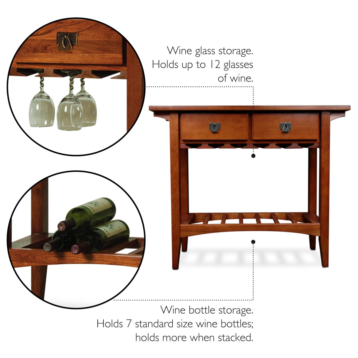 Leick Home 9061-RS Mission Wine Stand with Glass and Bottle Storage, Two Drawer, for Buffet, Dining Room, Living Room, Kitchen, Russet Finish