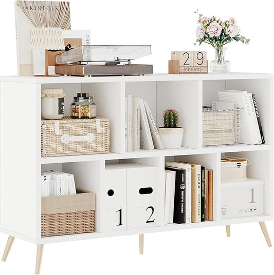7-Cube Storage Organizer with Natural Wood Legs, Mid-Century Modern Bookcase