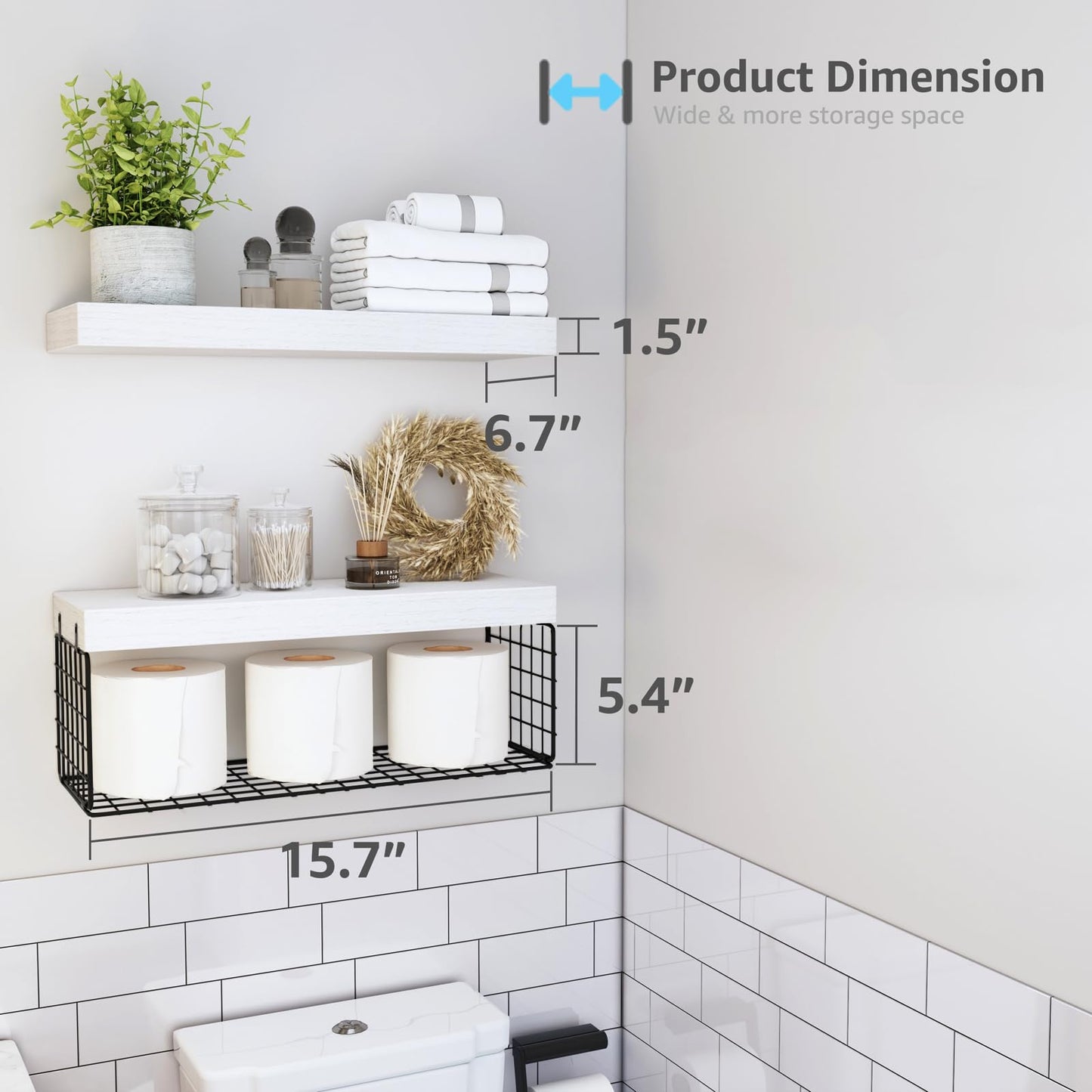 QEEIG Bathroom Shelves Over Toilet - Wall Mounted Floating Shelves Toilet Paper Storage Small Farmhouse Decor Shelf 16 inch Set of 2, White and Black (019-WB2)