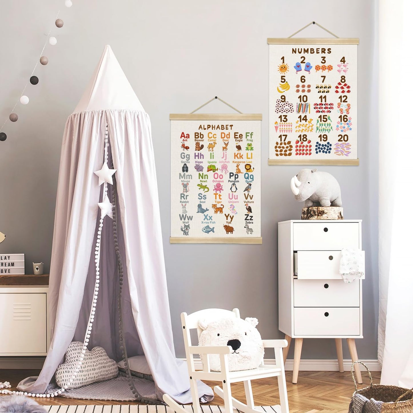 Alphabet and Numbers Chart Poster Set of 2, Alphabet Numbers Wall Art 14x18.5inch,ABC Banner Posters, Banner Wall Hanging Decor for Toddler Room Playroom Nursery Wall Classroom Decor (Sakura Pink ABC&123)