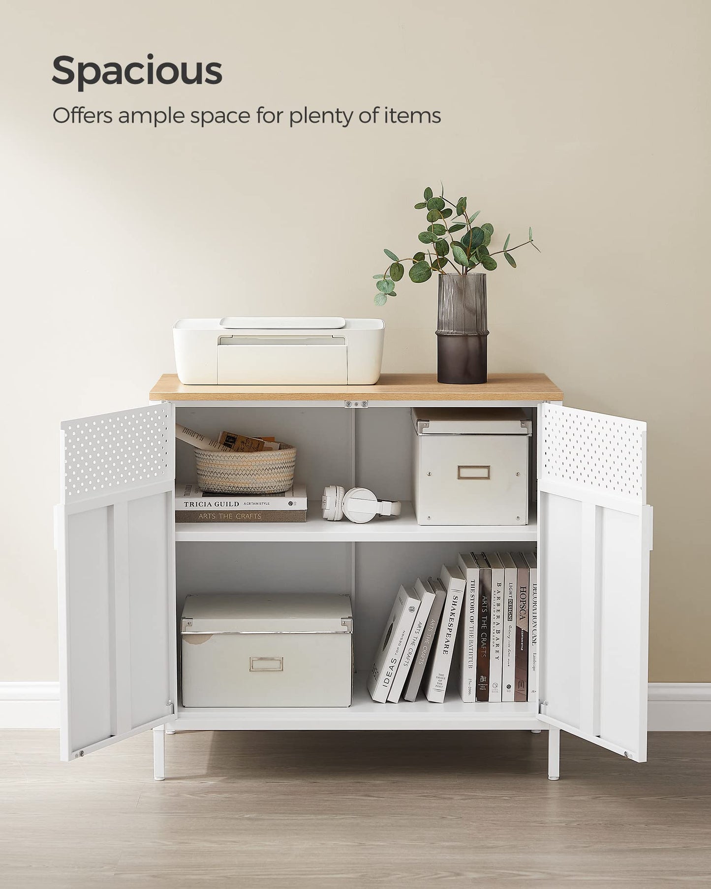 SONGMICS Storage Cabinet, Metal Cabinet, Sideboard with 2 Doors, 15.7 x 31.5 x 29.9 Inches, Magnetic Closure, Adjustable Shelf, Steel Frame, Natural Beige and White ULSC102W57