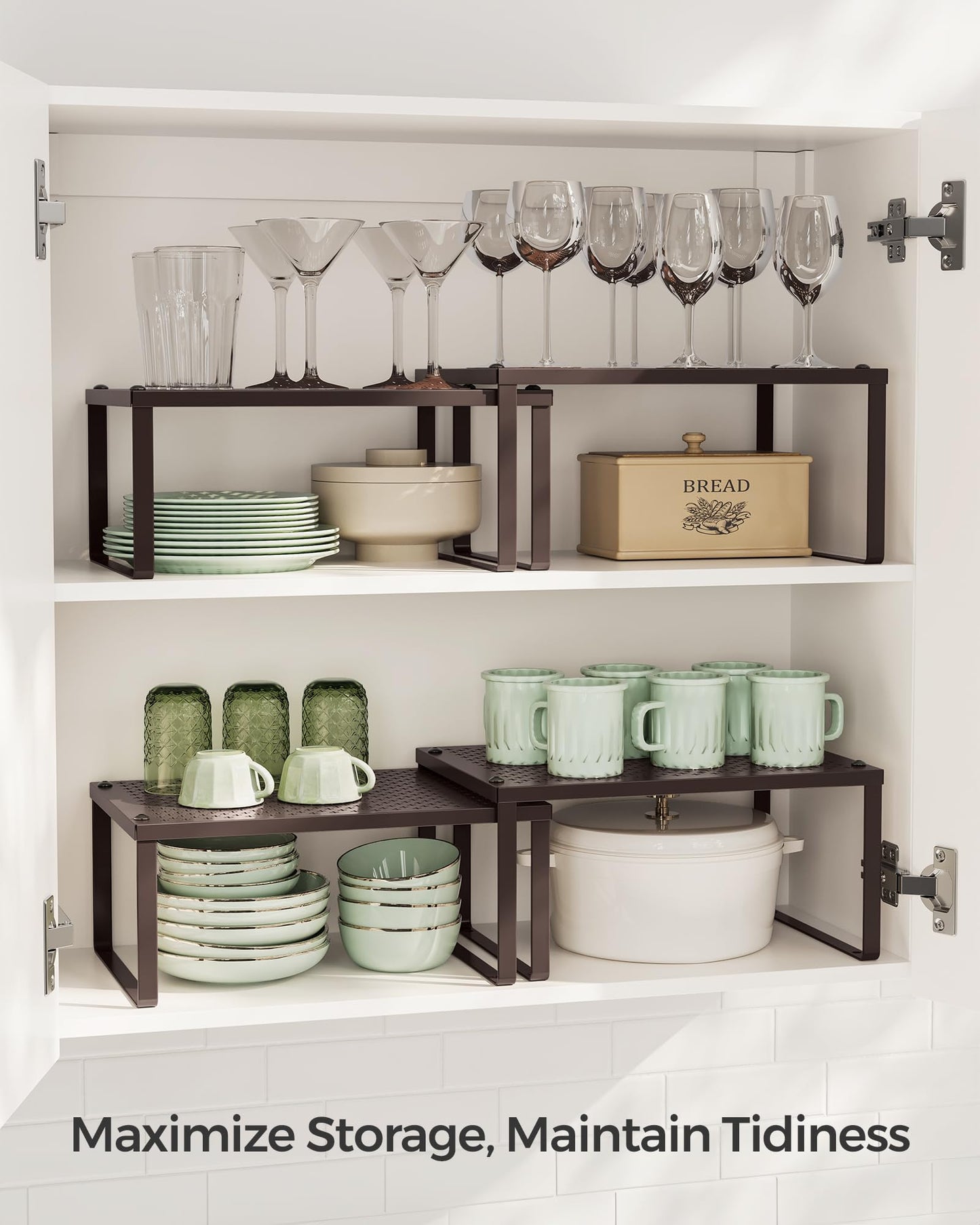 SONGMICS Spice Racks, Set of 2 Metal Cabinet Shelf Organizers, Countertop Organizers, Shelf Risers, Stackable, Expandable, Brown UKCS01BR