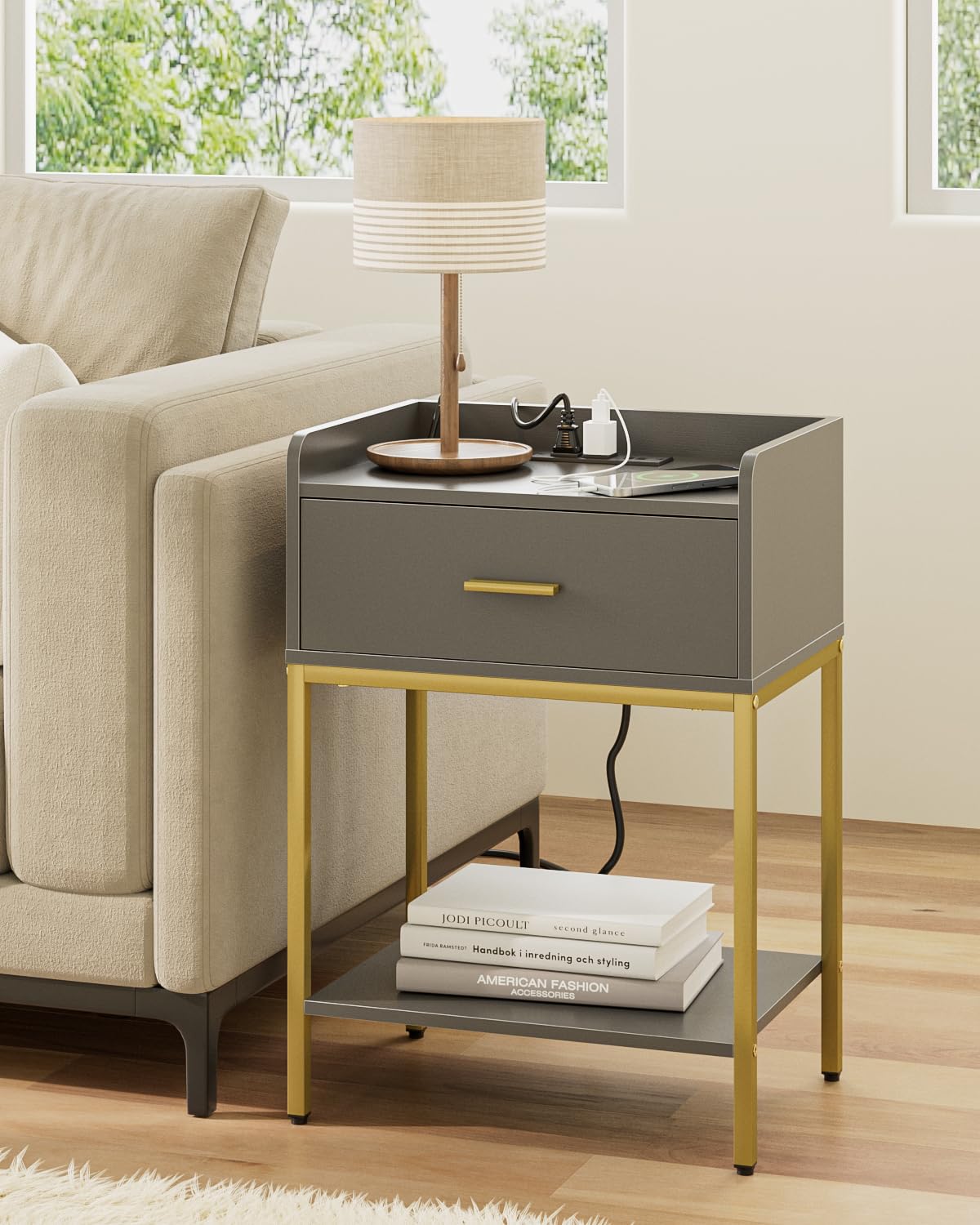 Apetaccat Nightstand with Charging Station,3-Tier Bedside Table for Small Space,Modern Night Stand with Storage Drawer and Shelf,Small Side Table for Bedroom,Living Room,Gray