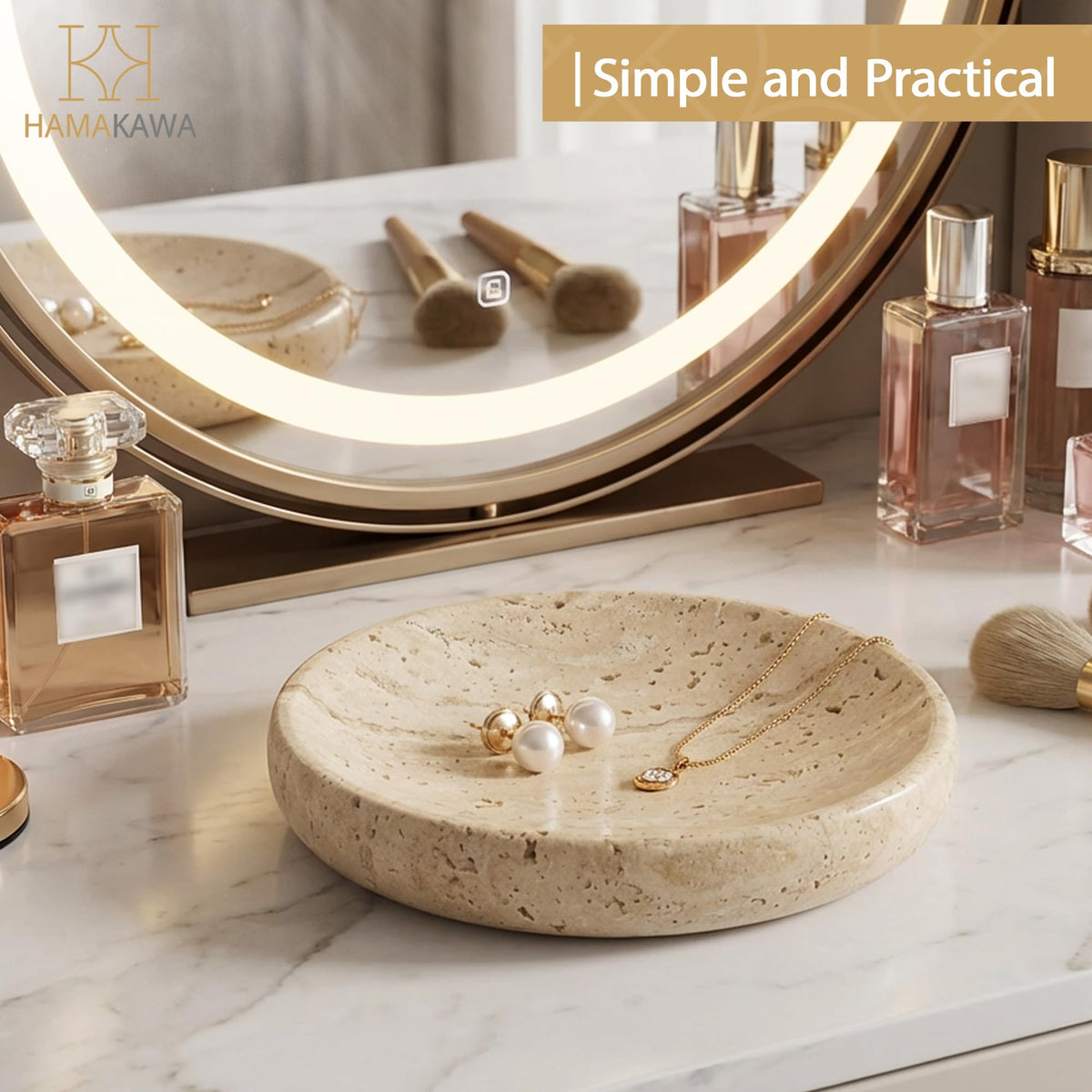 HAMAKAWA Turkish Natural Marble Jewelry Dish, Round Ring Dish 5.5 inch, Beige Trinket Tray, Travertine Bathroom Soap Holder, Decorative Stone Dish for Earrings, Ideal Gift for Women