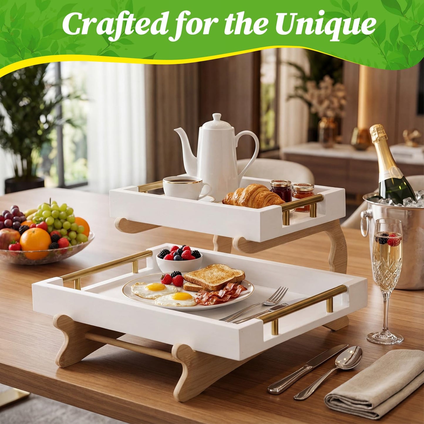 Leinuosen 2 Tier Serving Trays for Party Coffee Table Tray 12"x16" & 8"x12" Large Wooden Ottoman Tray with Gold Handles and Bamboo Stand for Storage Display(White)
