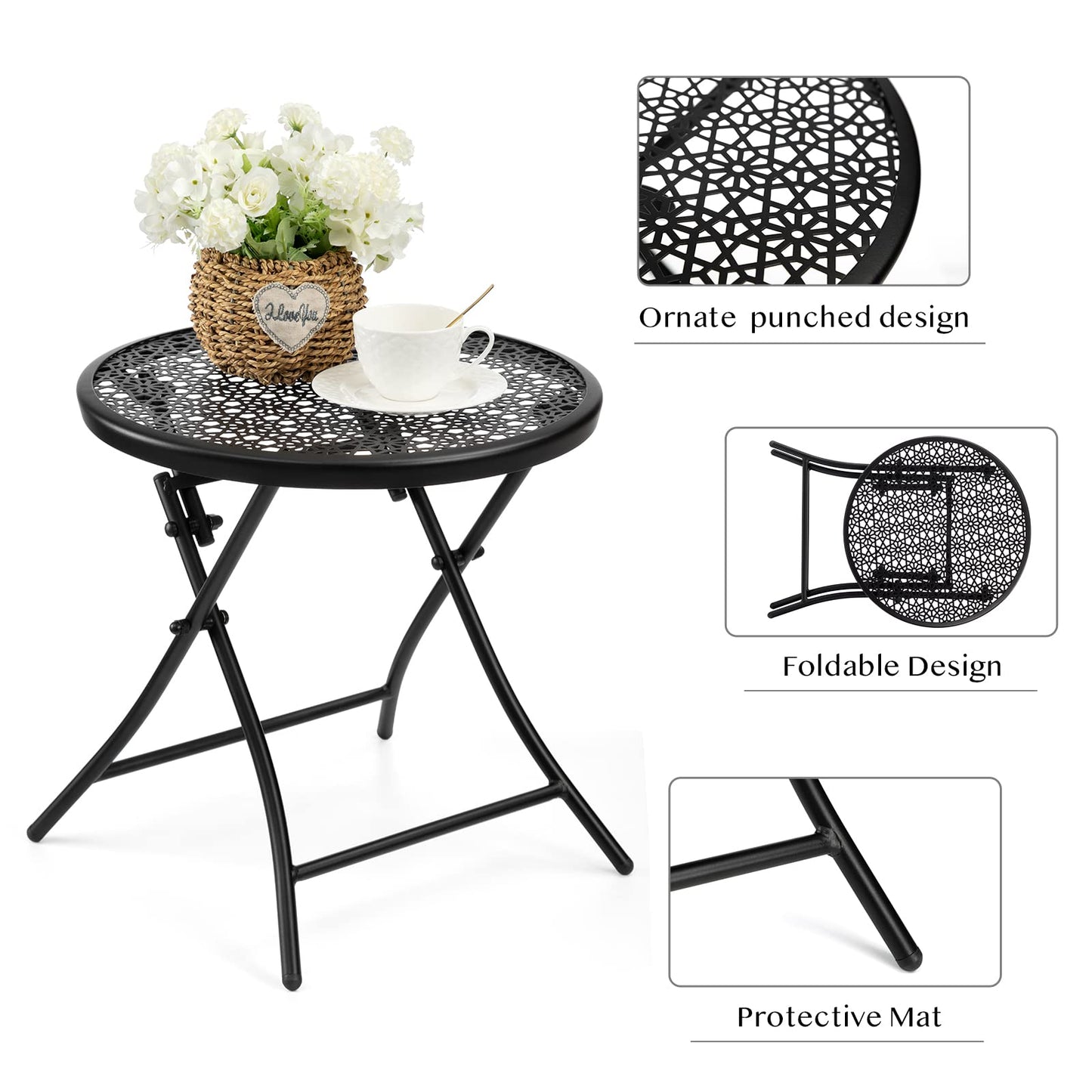 TeoKJ Folding Outdoor Side Tables, Anti Rust Small Patio Table Round Metal Nightstand with Flower Cutouts for Porch Yard Balcony Deck Lawn, Set of 2, Black