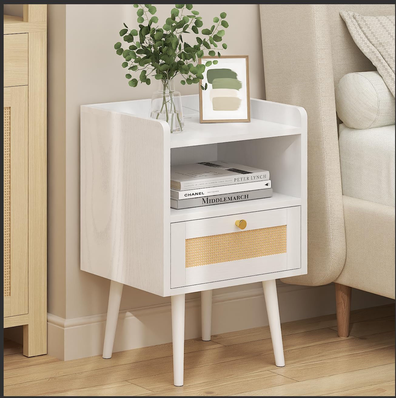 MECHYIN Night Stand Set 2, Nightstands Set of 2 with Charging Station, Rattan Side Tables with Solid Wood Legs, Boho Bedside End Table for Apartment Bedroom Dorm Small Space