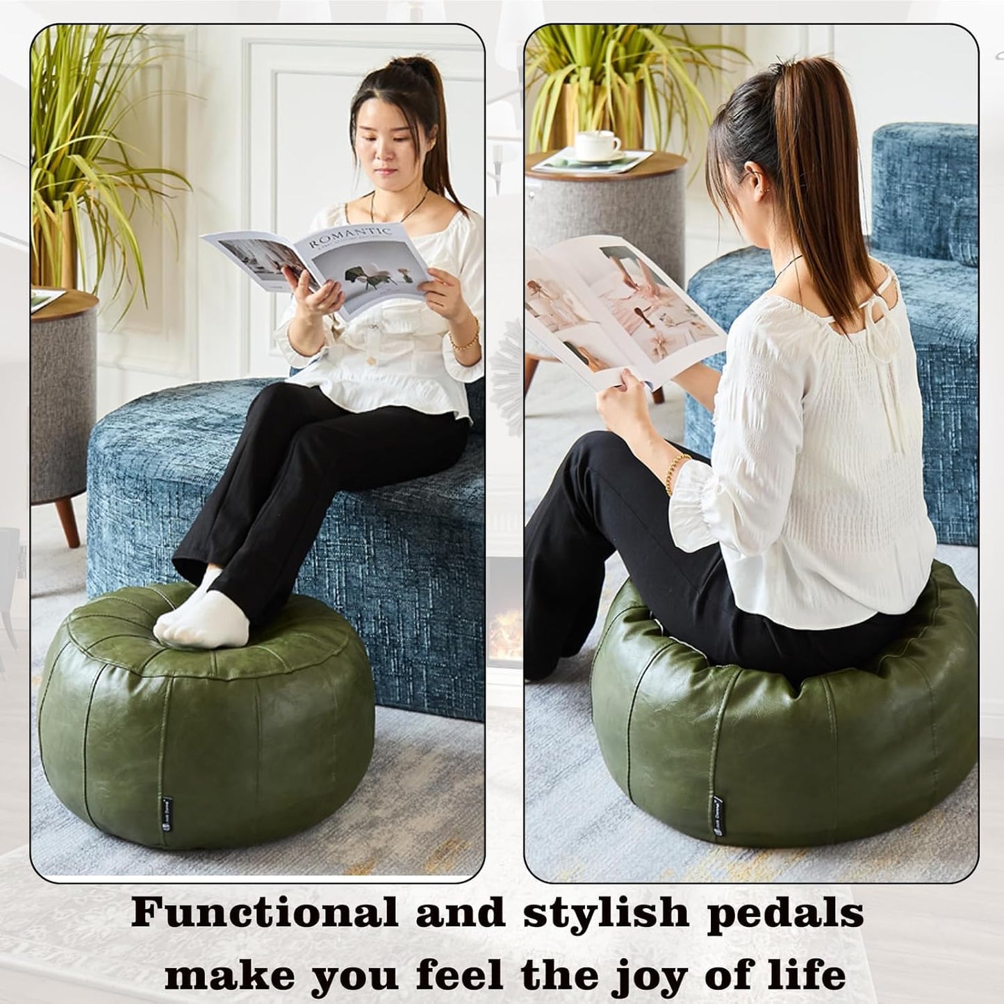Louis Donné Waterproof Unstuffed Pouf Ottoman for Foot Rest DIY Faux Leather Moroccan Retro Stytle no Filler Cover Storage for Books Home docoration Pet priendly (Only Cover)(Lucky Green)