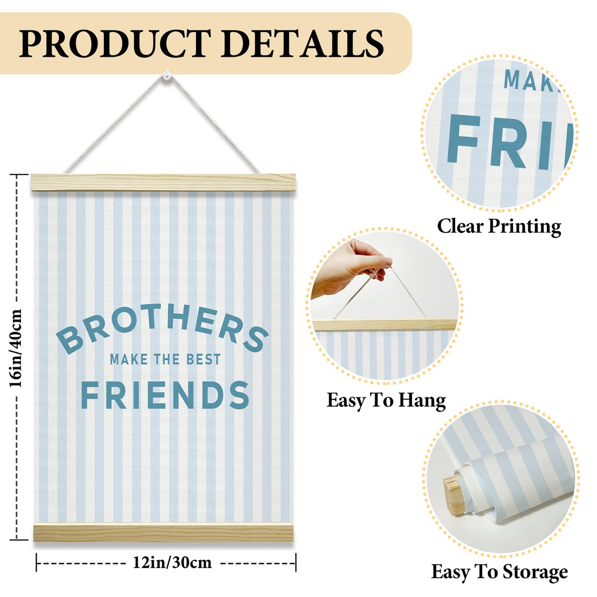 Nopoben Blue Stripes Poster Hanger Frame - Brothers Make the Best Friends, Kids Room Wall Art With Wooden Poster Hanger, Boys Bedroom Playroom Game Room Decor(12x16 Inches)-05