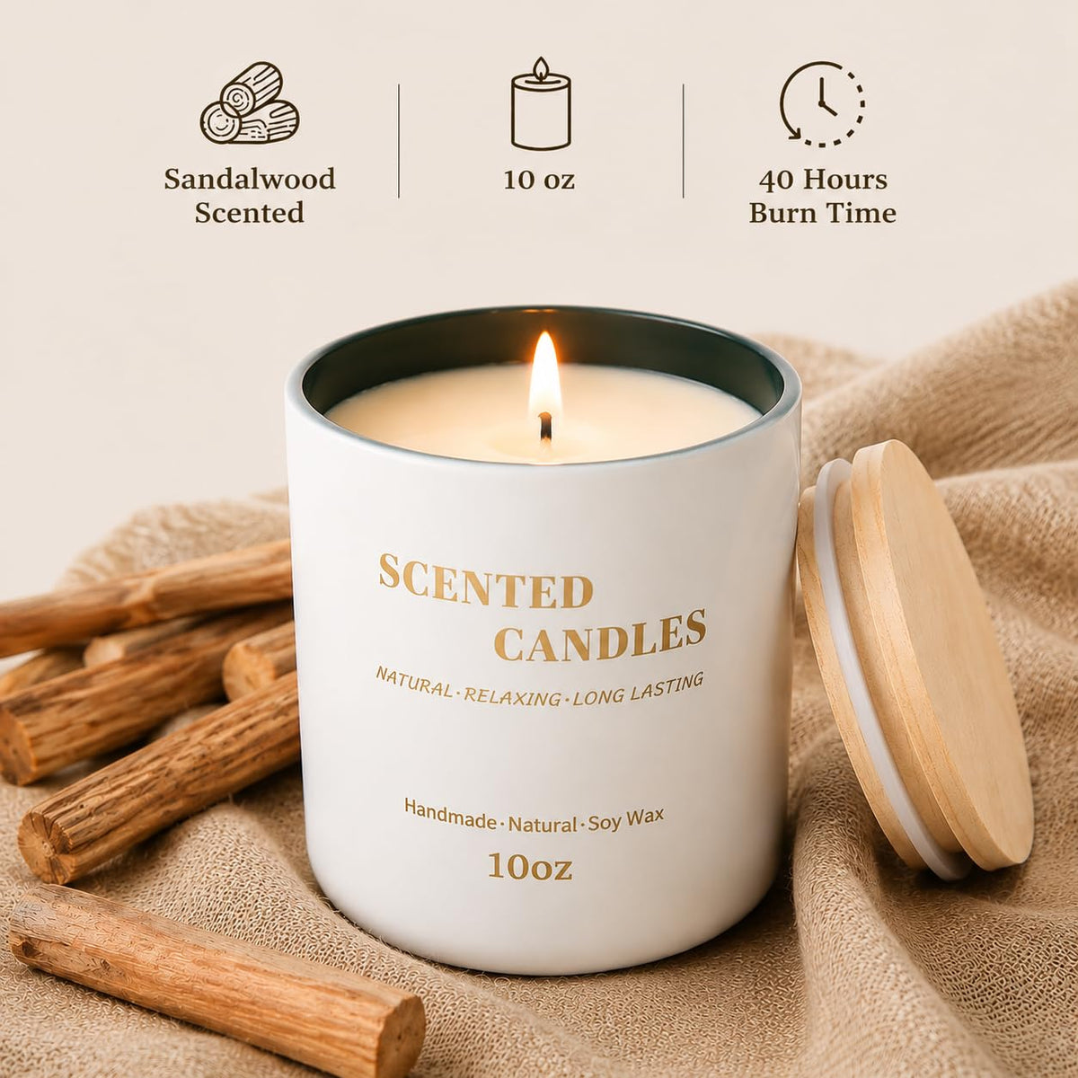 Lanttu Sandalwood Scented Candle for Home Decor, 10 oz Natural Soy Wax Jar Candles, 40 Hours Long Lasting Burning Candles for Men Women Mom Friend Birthday Housewarming Gift