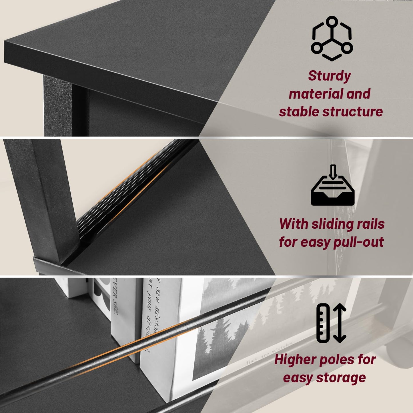 DGSANDGO Narrow Side Table (1PC) - Black End Table with Overload Protection, Charging Station Drawer & 4 Wheels, Mobile Storage Nightstand for Bedroom Studio Apartment (1 AC + 2 USB Ports)