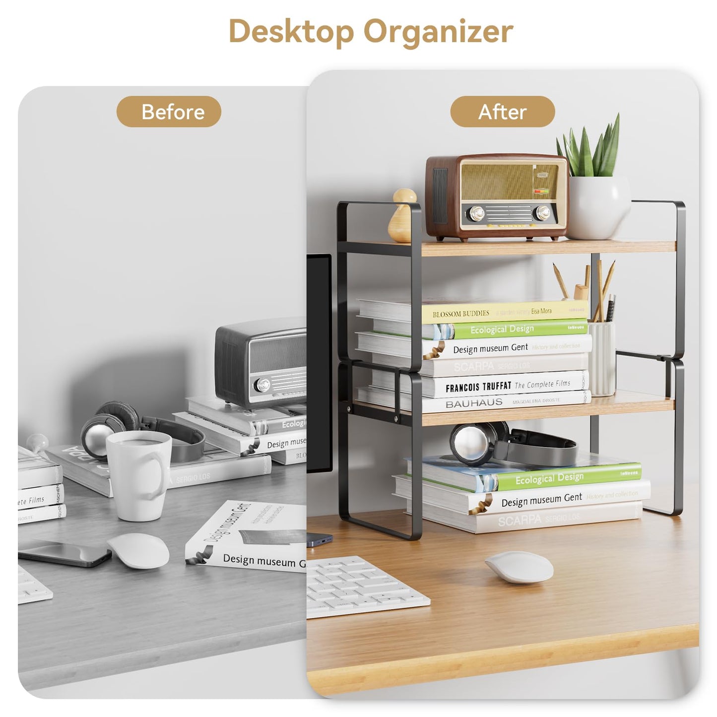 YGYQZ Desk Shelf Organizer for Top of Desk, Detachable 2 Tier Desktop Bookshelf, Wooden Desk Shelves Storage Rack, Small Desktop Shelf for Office Home Dorm, Tabletop Desk Organizer Stand (Black Wood)