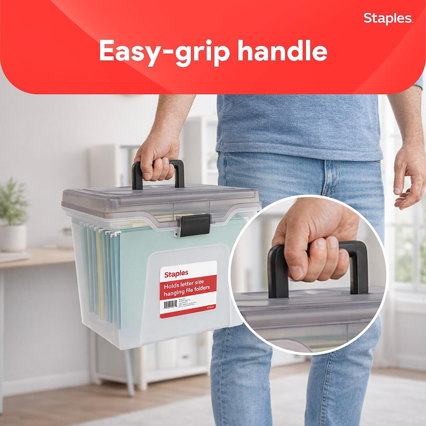 STAPLES File Box - Portable Letter-Size Storage Tote with Lid, Handle, Organizer Tray, Clear Plastic Filing Bin