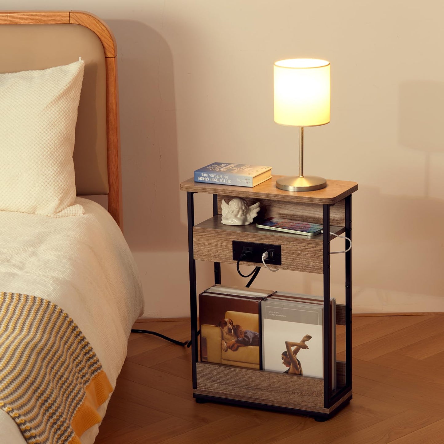 YEAKOO Narrow Side Table with Charging Station, 3-Tier End Table with 2 USB Ports & Power Outlets,Thin Sofa Side Table for Narrow and Small Spaces, Bedside Table Nightstand for Living Room,Oak