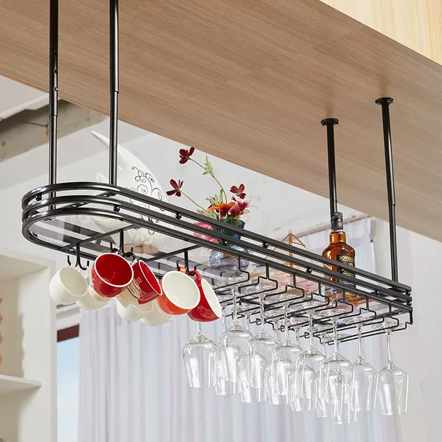 GHHDPXM Modern Hanging Wine Bottles Rack for Home Display Metal Ceiling Shelf for Cafe Bar and Kitchen Floating Storage Shelves with Glass Holder Wall Mounted Wine Rack for Cups.