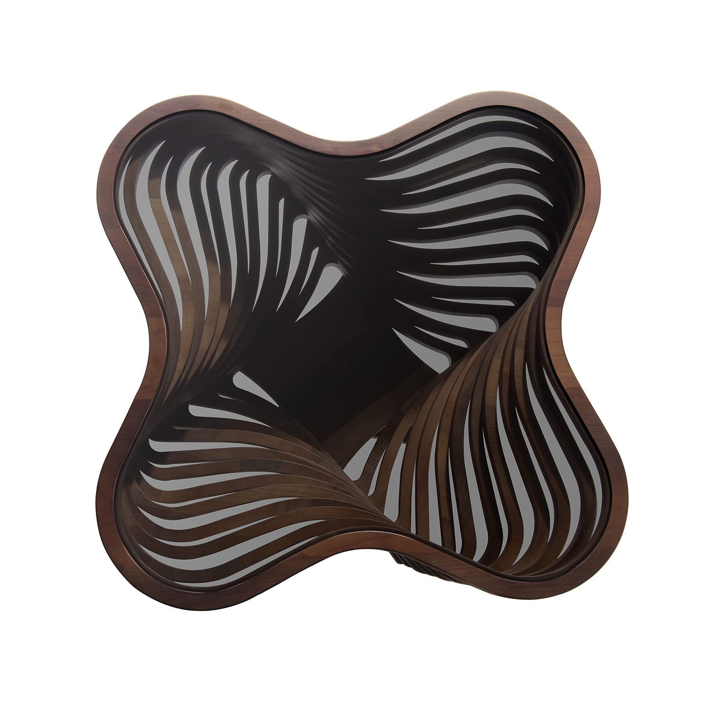 Papella Design Modern Coffee Table – Natural Walnut Veneer, Tempered Glass Top, Layered Wave Design, Rustic Wood, Contemporary Living Room Table, Luxury Home & Office Decor, Mesa de Centro para Sala.