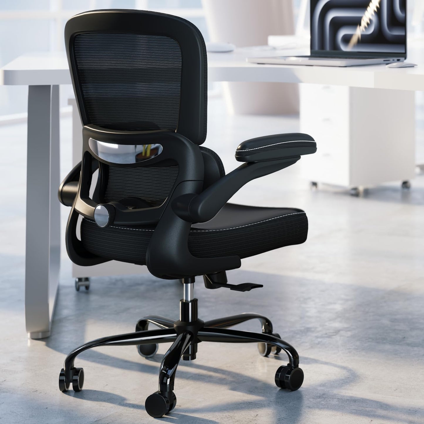 TRALT Ergonomic Office Chair - Desk Chair with Adjustable Lumbar Support Computer Chair - Mesh Comfy Chair with Flip-up Armrests - Gaming Chairs for Adults Home Office (Leather, Black)