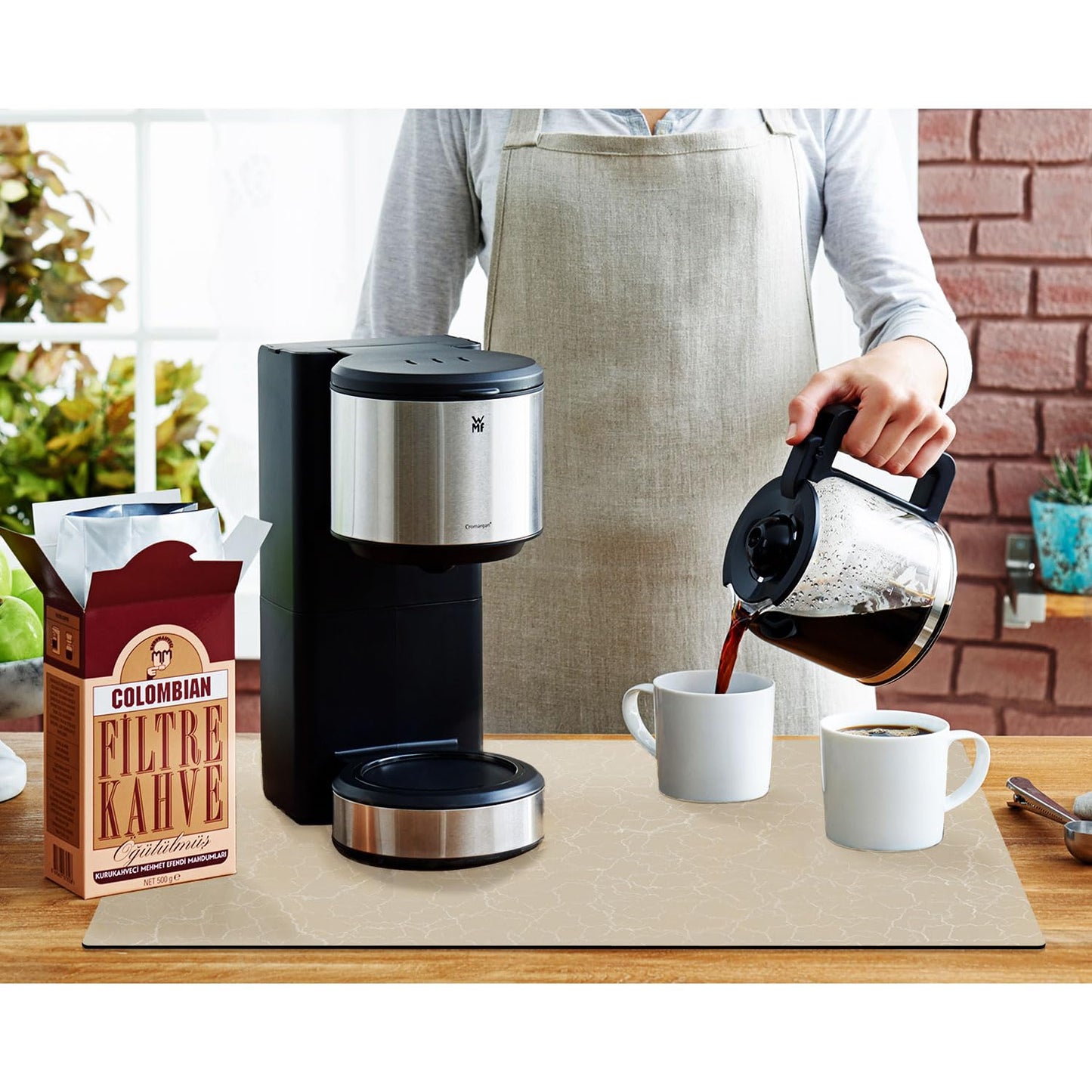 Coffee Maker Mat for Countertop - Coffee Bar Accessories Fit Under Cafe Machine, Rubber Backed Absorbent Pad, Table Mat Under Appliance, Kitchen Counter Dish Drying Mat, 19"x12", Marble Beige