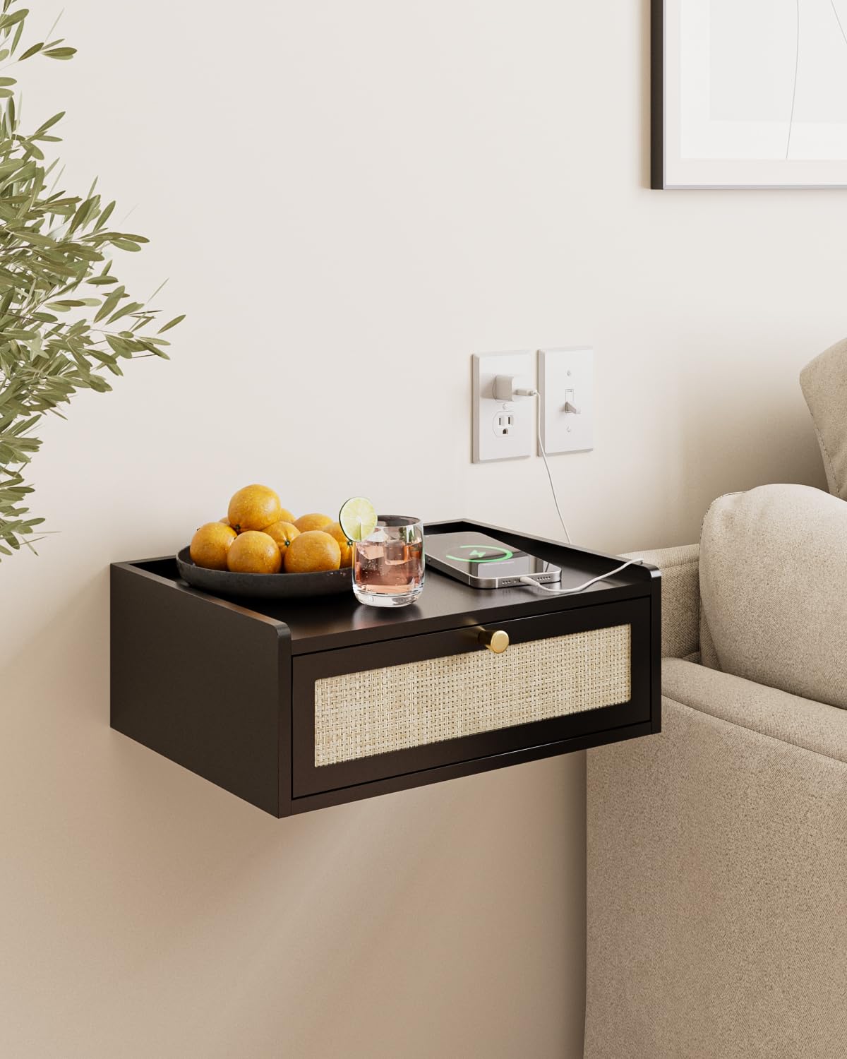 AEPOALUA Floating Nightstand,Wall Mounted Night Stand with Drawer,Small Floating Shelves,Floating Wood Bedside Table for Bedroom、Living Room、Bathroom (Bohemian, Black.)