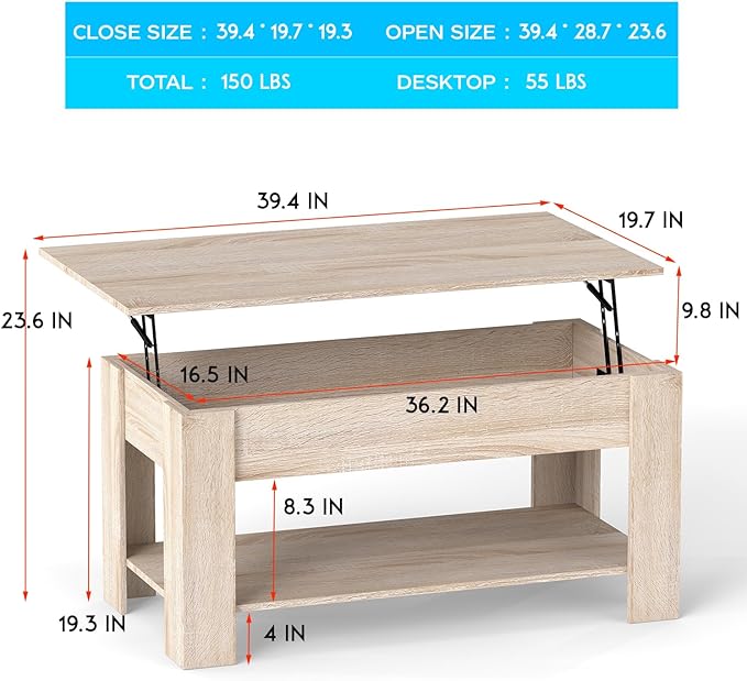 FDW Lift Top Coffee Table with Lift Tabletop Hidden Compartment and Storage
