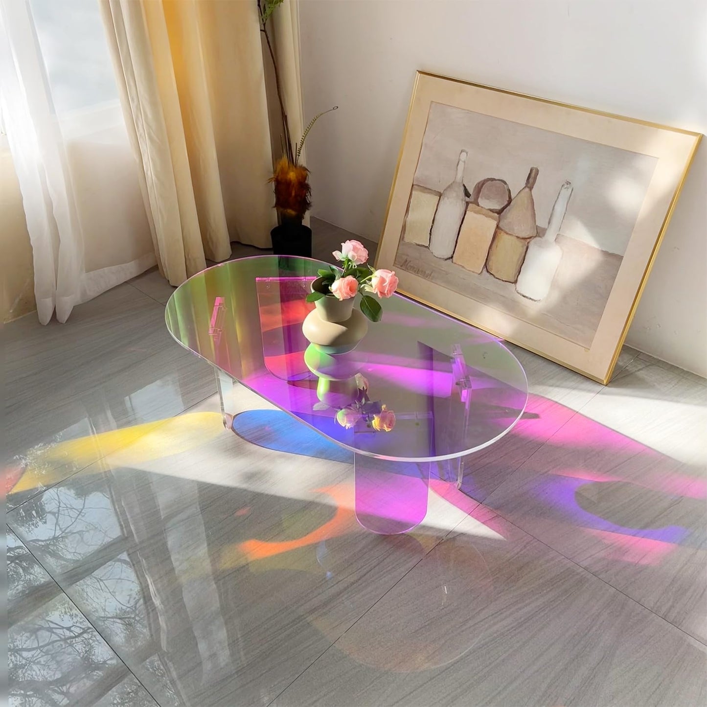 Artloge Iridescent Acrylic Coffee Table: Colorful Small Accent Clear Table