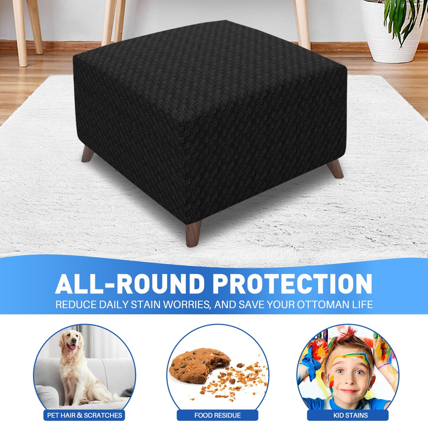 MAXIJIN Jacquard Ottoman Cover Slipcovers Folding Storage Stool Furniture Protector Cover Soft Thick Rectangle Foot Rest Slipcover with Elastic Bottom (Ottoman X-Large, Black)