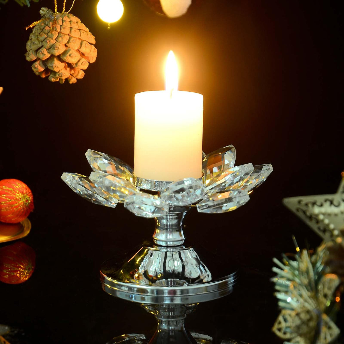 2 PCS Silver Crystal Flower Tea Light Holder, Glass Tealight Candlestick with Metal Base, Votive Candle for Table Centerpiece, Wedding, Parties Decor, Nice Gift