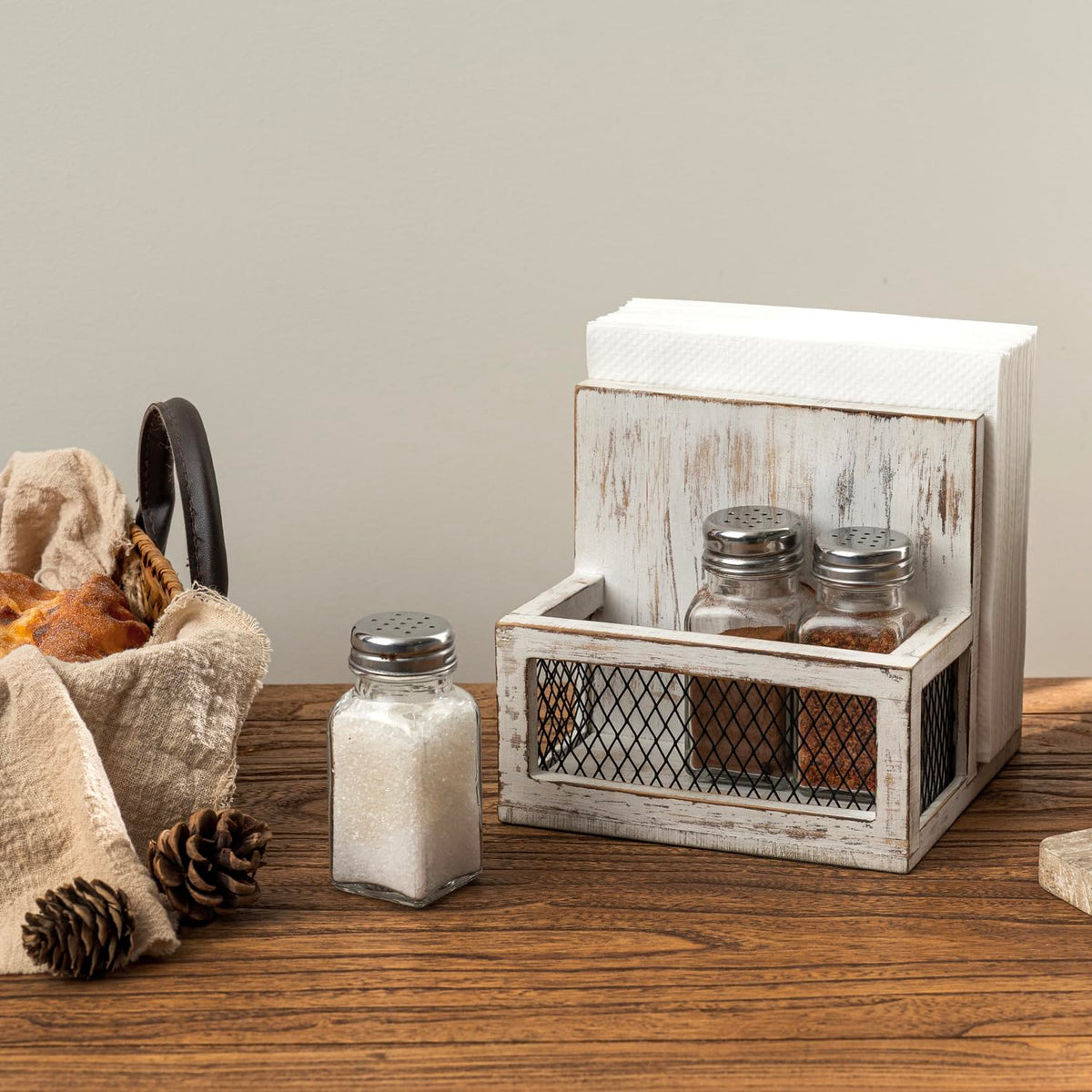 FARM IN Napkin Holder, Farmhouse Multifunctional Napkin Holder with Salt and Pepper Shakers Holder for Home and Commercial Use, Rustic Solid White Washed Wood & Diamond Metal Wire Mesh