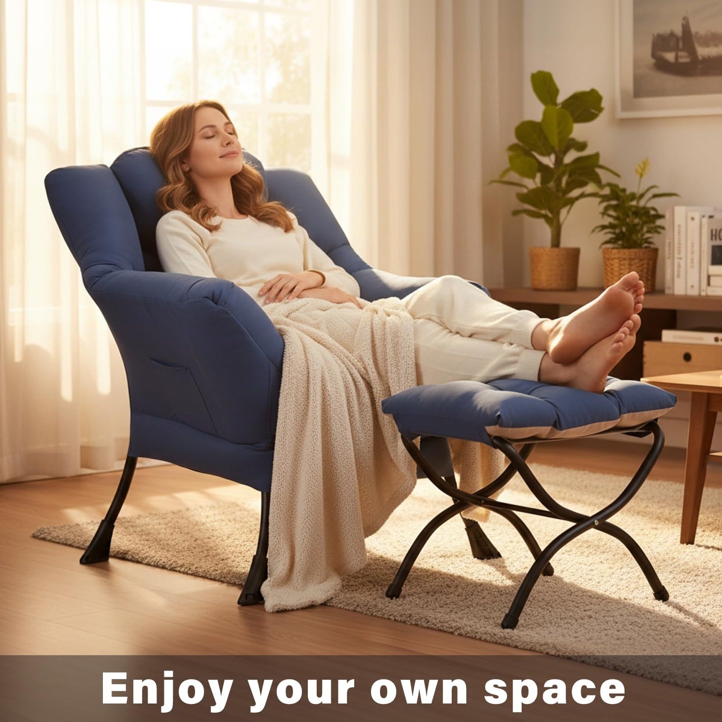 Givjoy Lazy Chair and Ottoman, Peach Blue Large Accent Chair with Side Pocket, Modern Leisure Upholstered Sofa Reading Armchair with Footrest for Office, Bedroom, Living Room, Dorm Rooms, Balcony