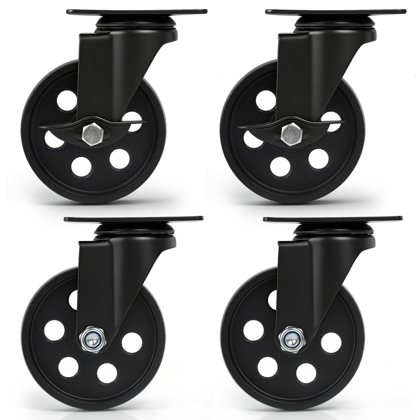 Skelang 4" Metal Swivel Plate Caster Wheels, Heavy-Duty Cast Iron Casters with Brakes for Wooden Furniture, Set of 4 (Combo)