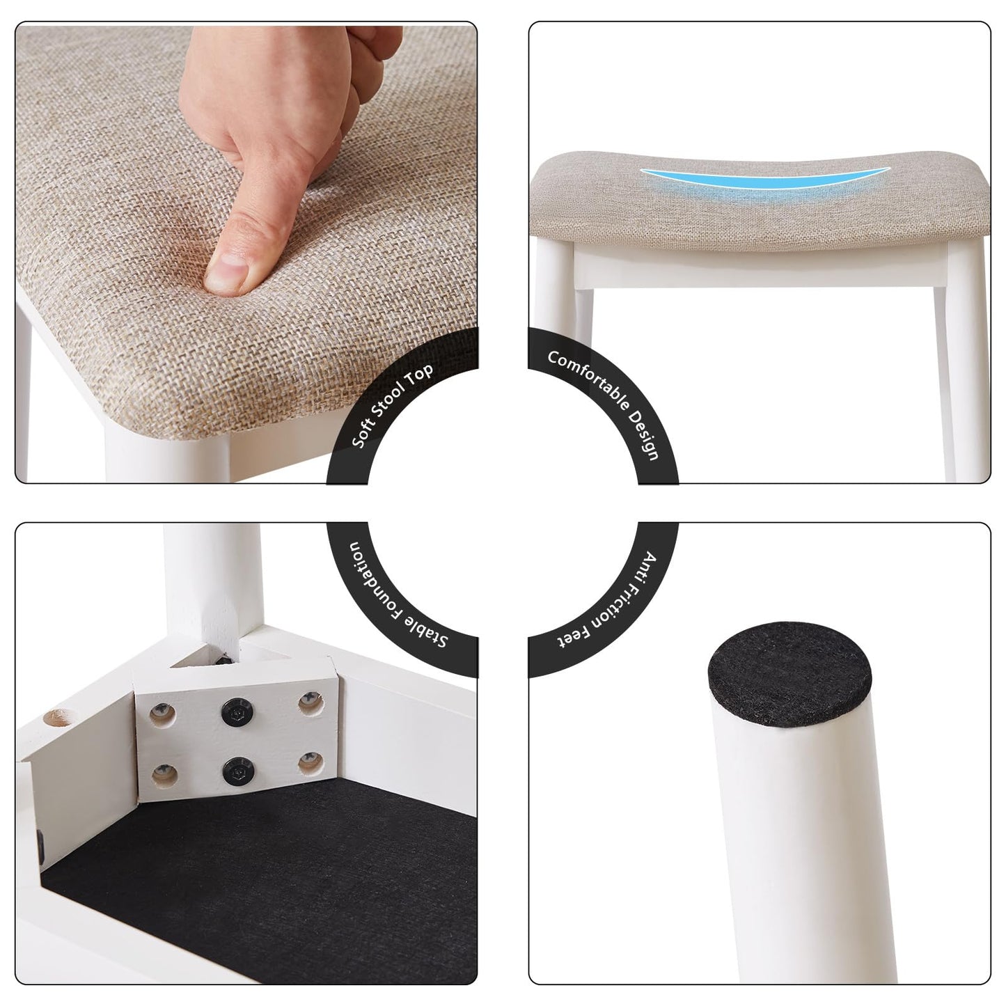 IBUYKE Saddle Cushion Vanity Stool Chair, Foot Rest Stool with Solid Wood Legs, Modern Vanity Bench Ottoman for Piano, Upholstered Seat for Bedroom, Entryway, White Legs&Light Linen WBD007WY
