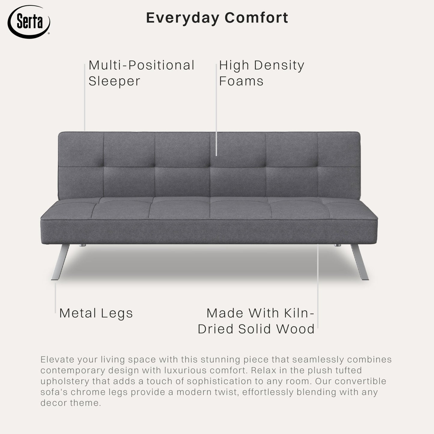 Serta® Rane Futon Sofa Bed 66.1", 3-in-1 Convertible Couch Sleeper for Small Spaces, Tufted Back, Twin Size Guest Bed, Chracoal Woven Fabric