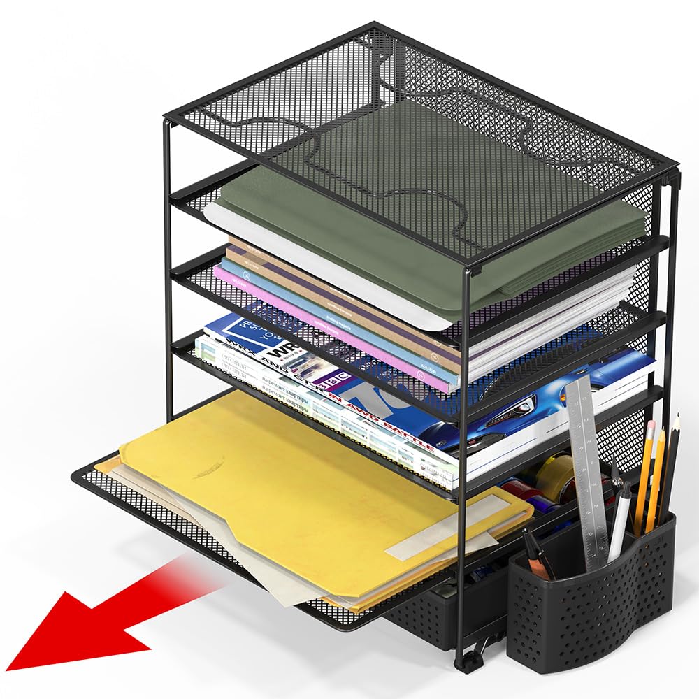 Simple Houseware 5-Tier Document File Tray with Sliding Drawer and Pen Bucket, Black