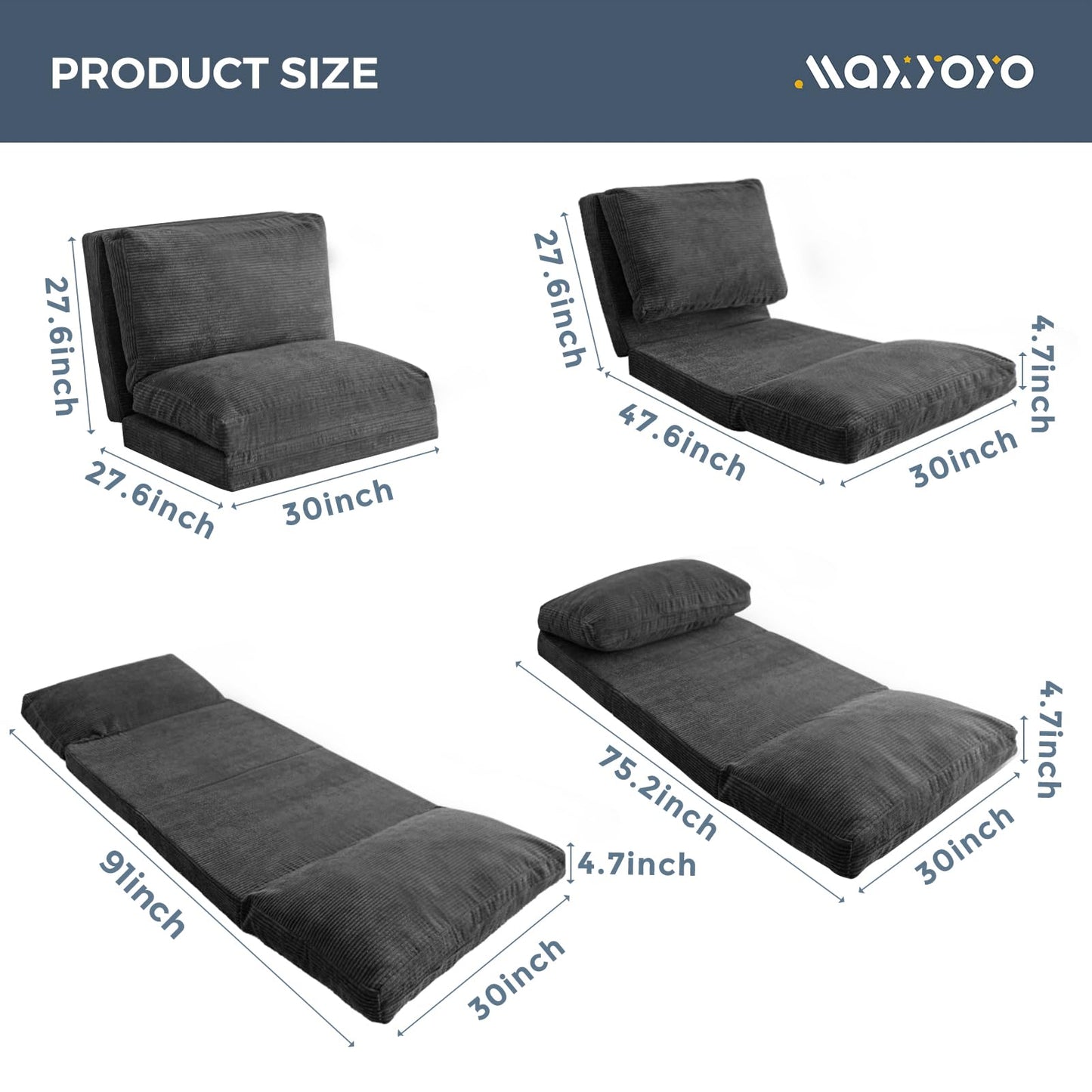 MAXYOYO Folding Sofa Bed, Extra Thick and Long Floor Sofa Convertible Chair with Washable Cover, Floor Couch Lounge Bean Bag Bed for Living Room, Dark Grey, 30x91 Inch