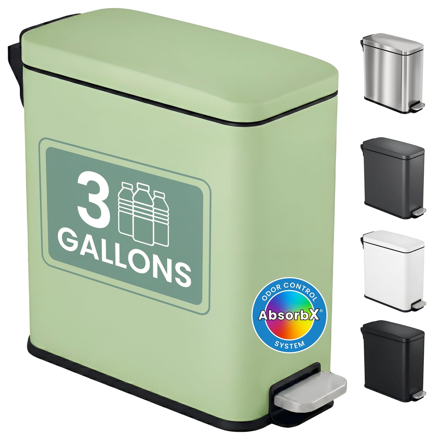 iTouchless 3 Gallon Small Wastebasket for Bathroom with Lid, Deodorizer, Soft-Step Stainless Steel Slim Garbage Bin, 12 L Pastel Green Small Trash Can, Step Pedal Retro Soft-Toned Decor for Restroom