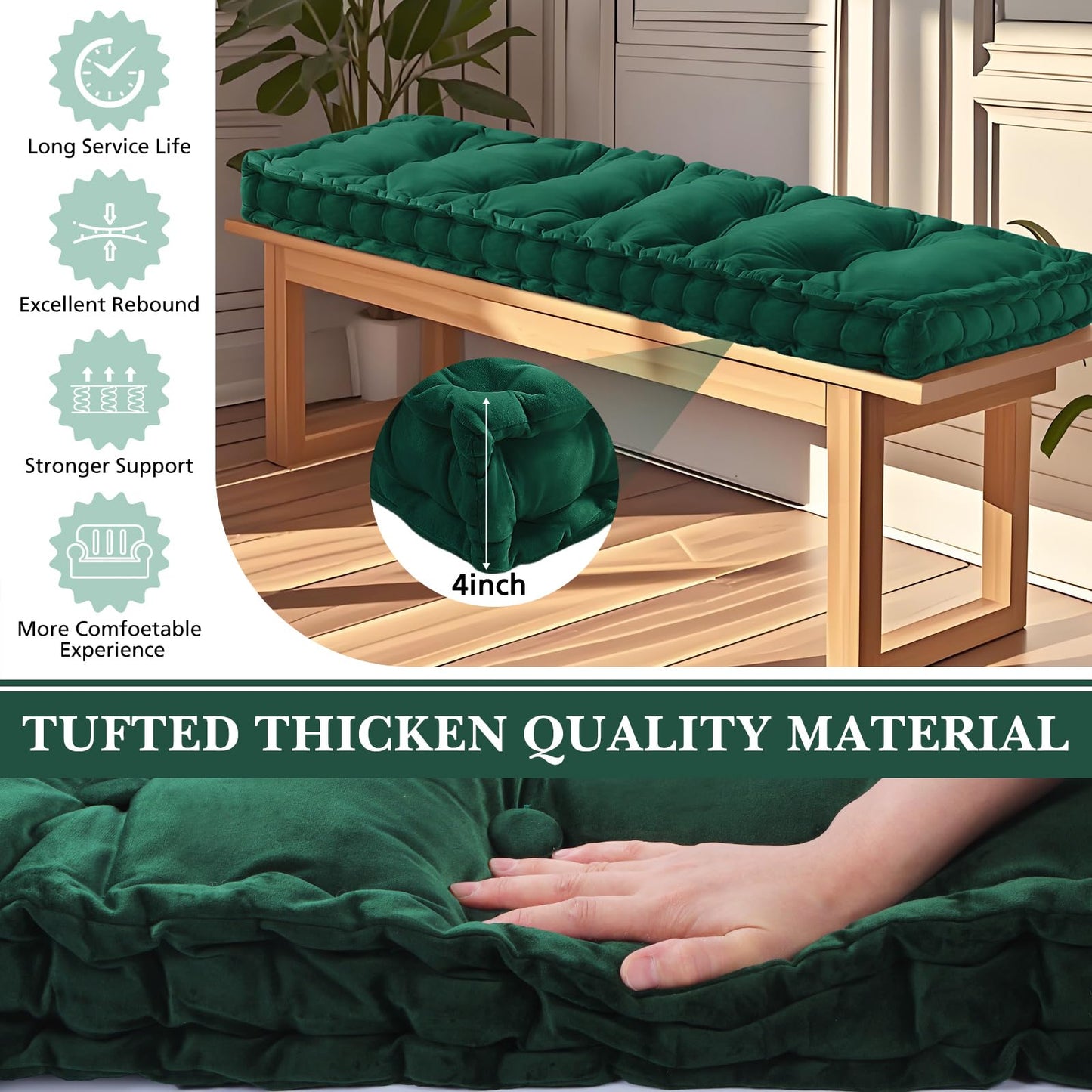 Threehoney Bench Cushions for Indoor Furniture 42x16 in Velvet Kitchen Dining Piano Window Seat Cushion, Tufted Patio Porch Swing Thicken Bench Pad Memory Foam for Christmas Home Decor(Dark Green)