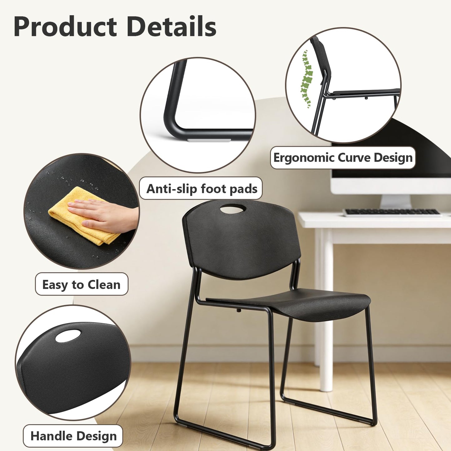 MAKE CHANGES Stacking Chairs Set of 4, Plastic Waiting Room Chair with Sled Base, Stackable Office Guest Reception Chairs No Wheels for Break Rooms and Conference Rooms Black