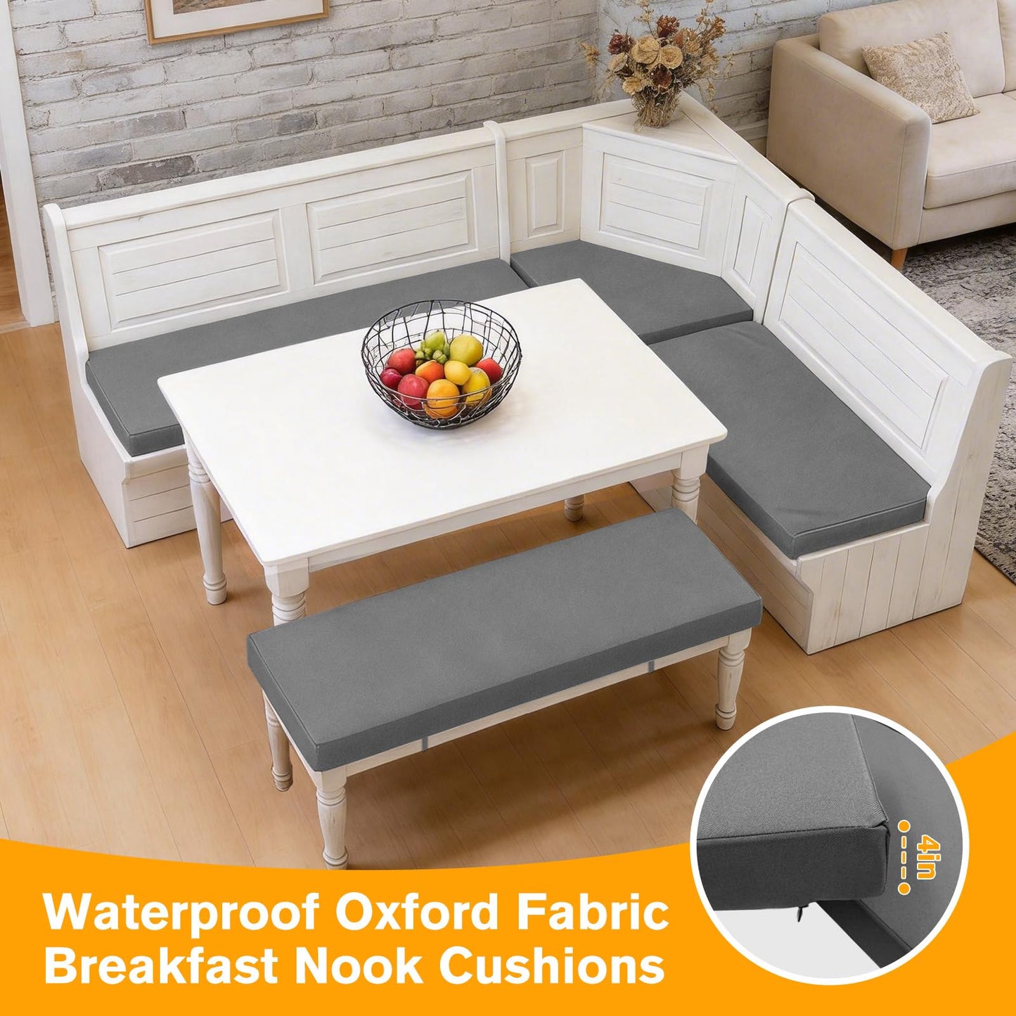 JZHLLA 4-Piece Breakfast Nook Cushion Set, Water-Resistant & Removable Covers Breakfast Dining Nook, High-Density Foam Includes Straps Fits Corner Bench & Dining Set (Grey)