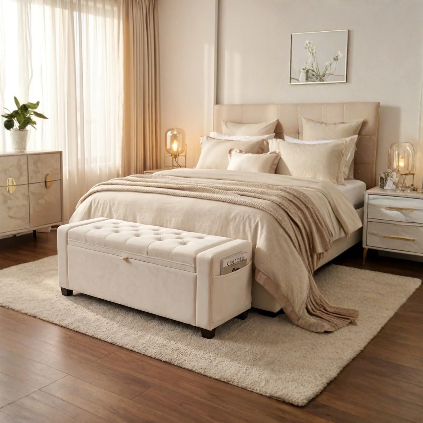 ZideGomai Storage Ottoman Bench for Bedroom, End of Bed Bench with Hidden Storage, Upholstered Tufted Linen Ottoman with Safety Hinge, Bedroom Bench with Storage, 43 Inch, 350lb, Linen Beige