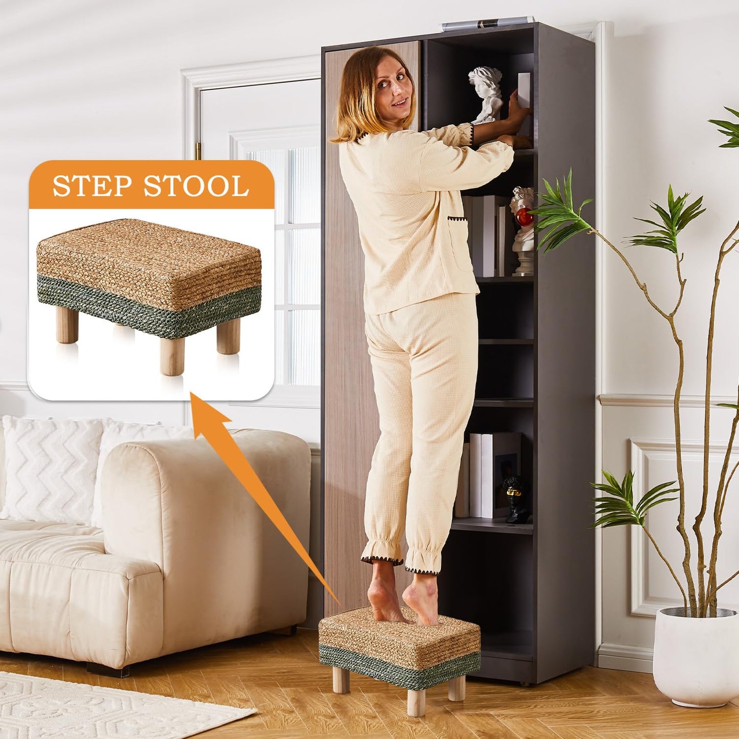 Wimarsbon Natural Seagrass Footstool Ottoman Rectangular Footrest Pouf Ottomans with Wooden Legs Hand Weave Step Stool for Living Room Bedroom Entryway Green