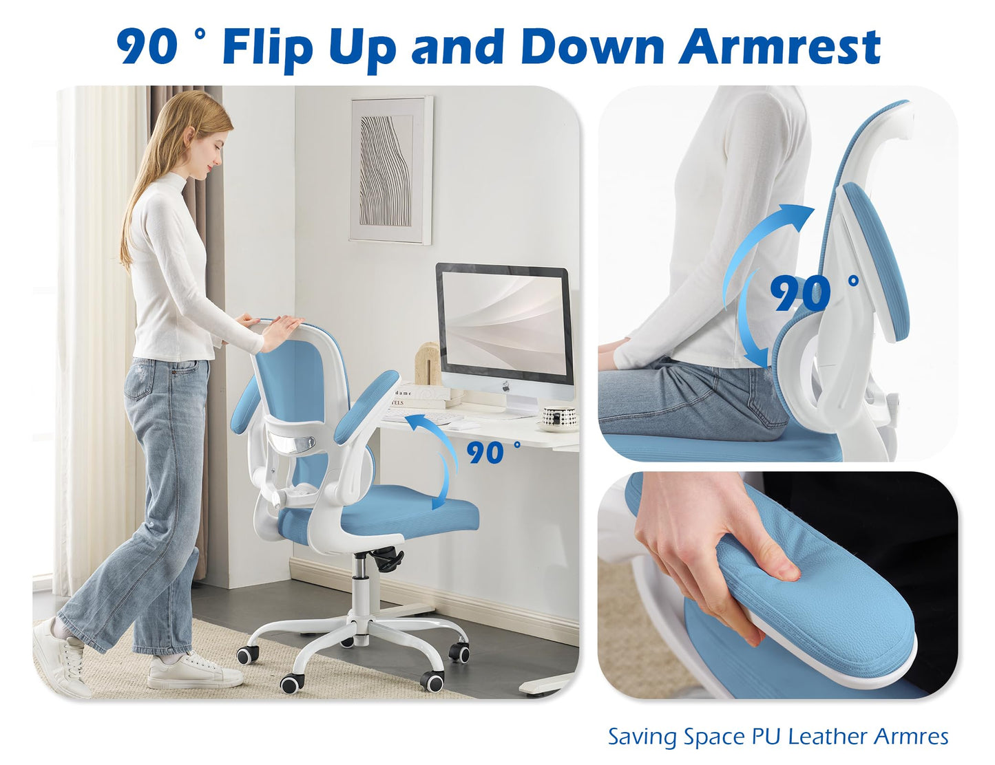 TRALT Ergonomic Office Chair - Desk Chair with Adjustable Lumbar Support Computer Chair - Mesh Comfy Chair with Flip-up Armrests - Gaming Chairs for Adults Home Office (PU Leather, Sky Blue)