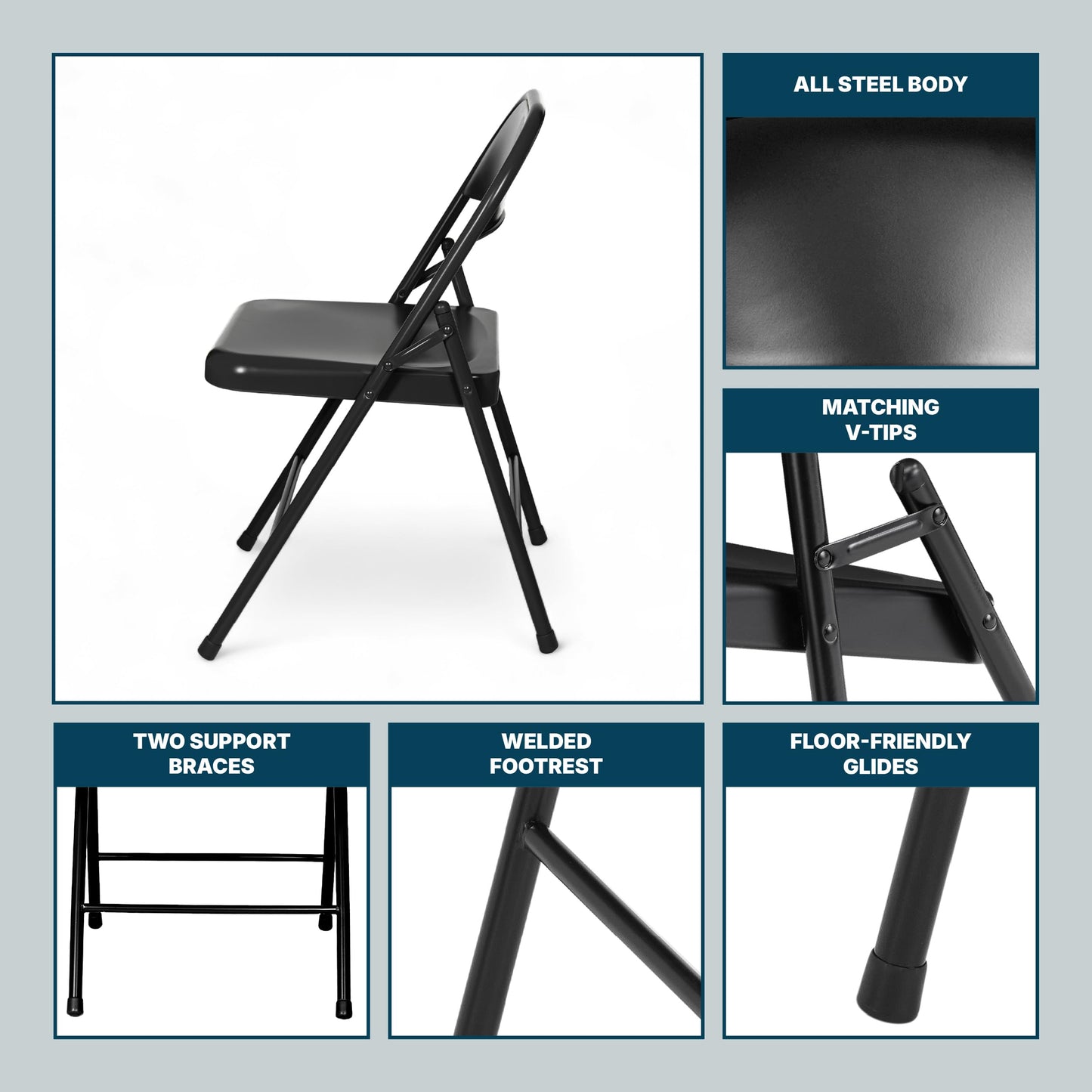OEF Furnishings OEF900 Series Premium Lightweight All-Steel Folding Chairs (4-Pack, Black)