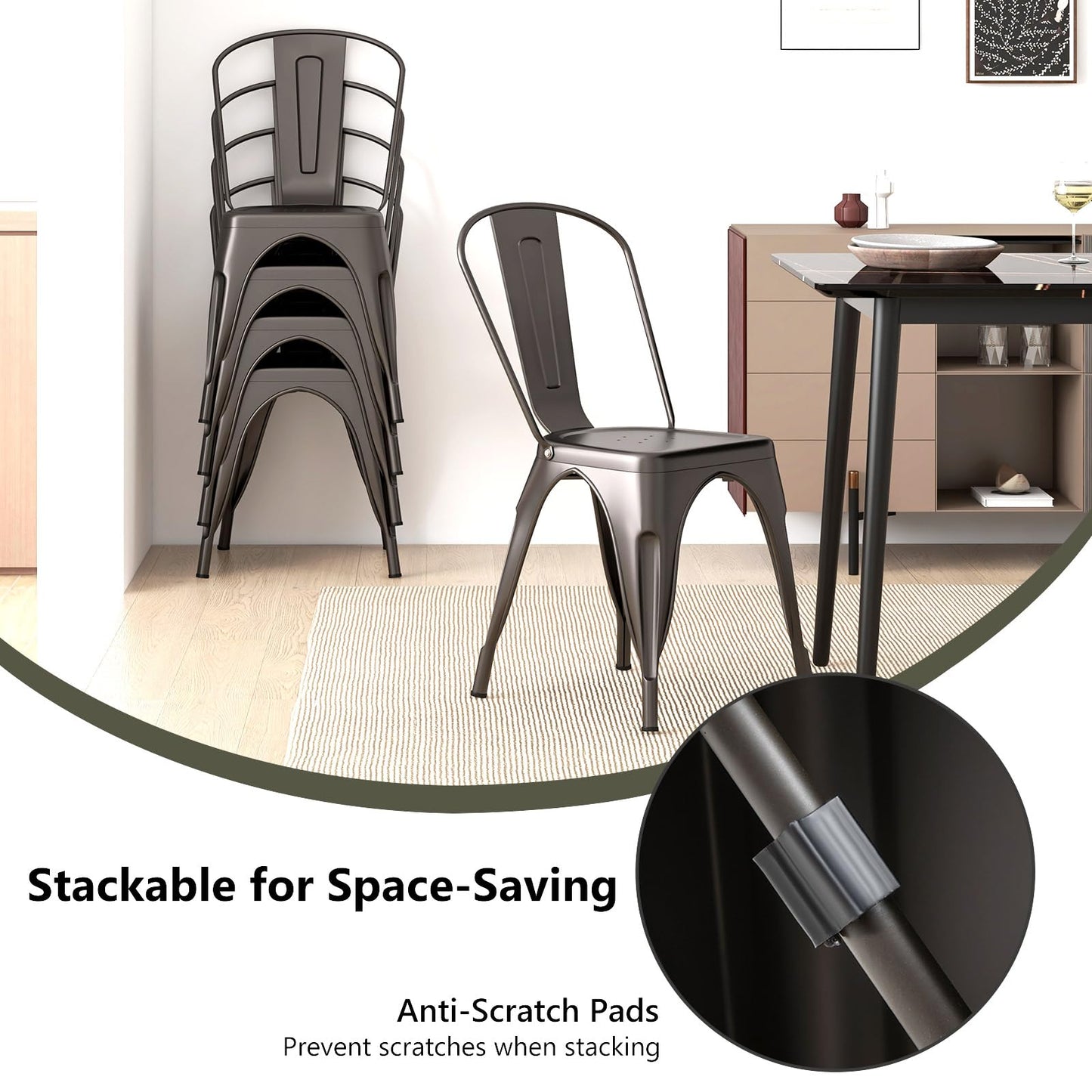 COSTWAY Metal Dining Chairs Set of 4, 18 Inch Stackable Industrial Kitchen Tolix Side Chairs with Detachable High Back for Dining Room, Cafe, Restaurant, Bistro (Bronze)