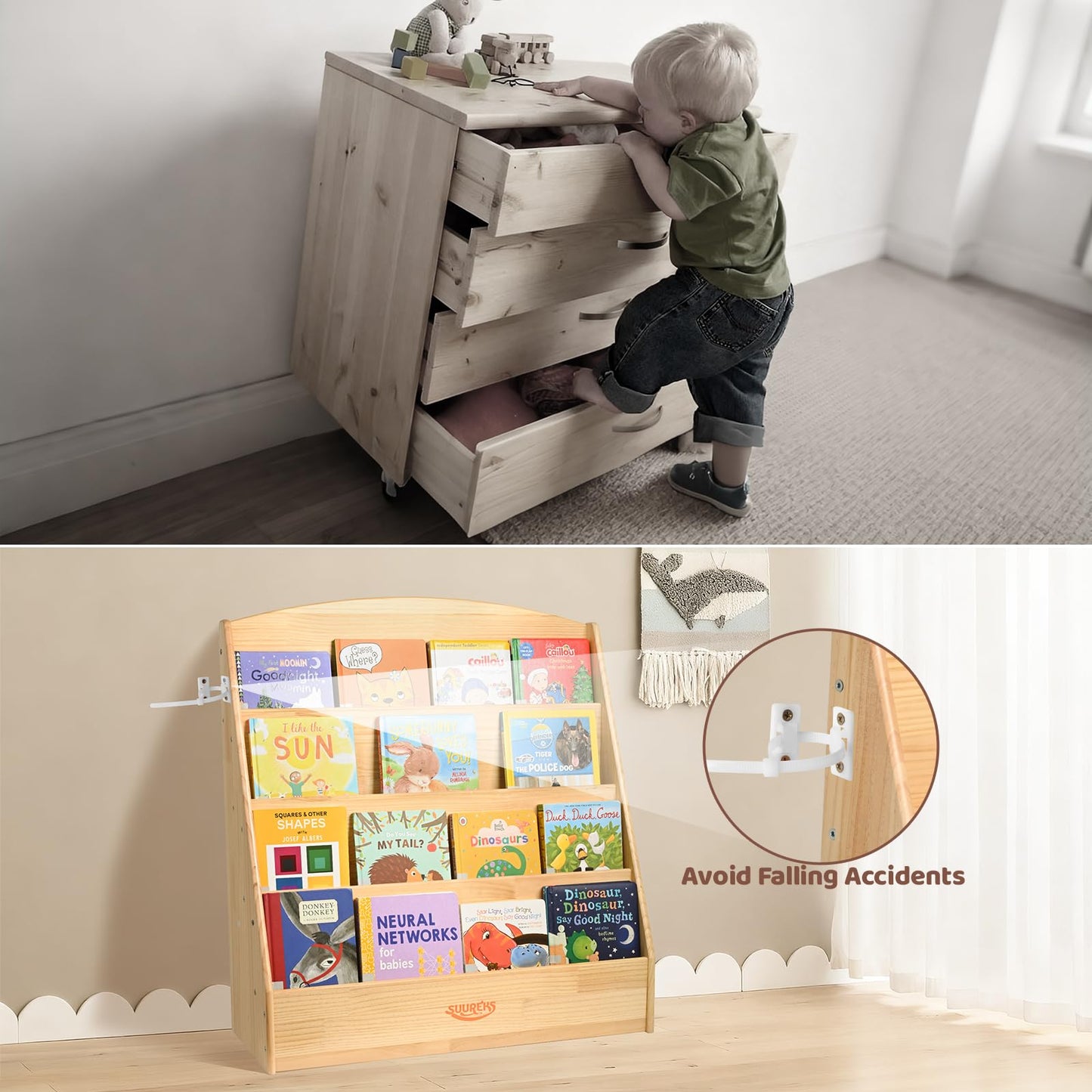 suureks Montessori Bookshelf, 4 Tier Kids Bookshelf – Safe, Sturdy, and Easy to Clean, Premium Wooden Book Shelf for Kids Rooms, Playroom, Classroom, Nursery（31-1/2" D x 11-4/5" W x 31-1/2" H）