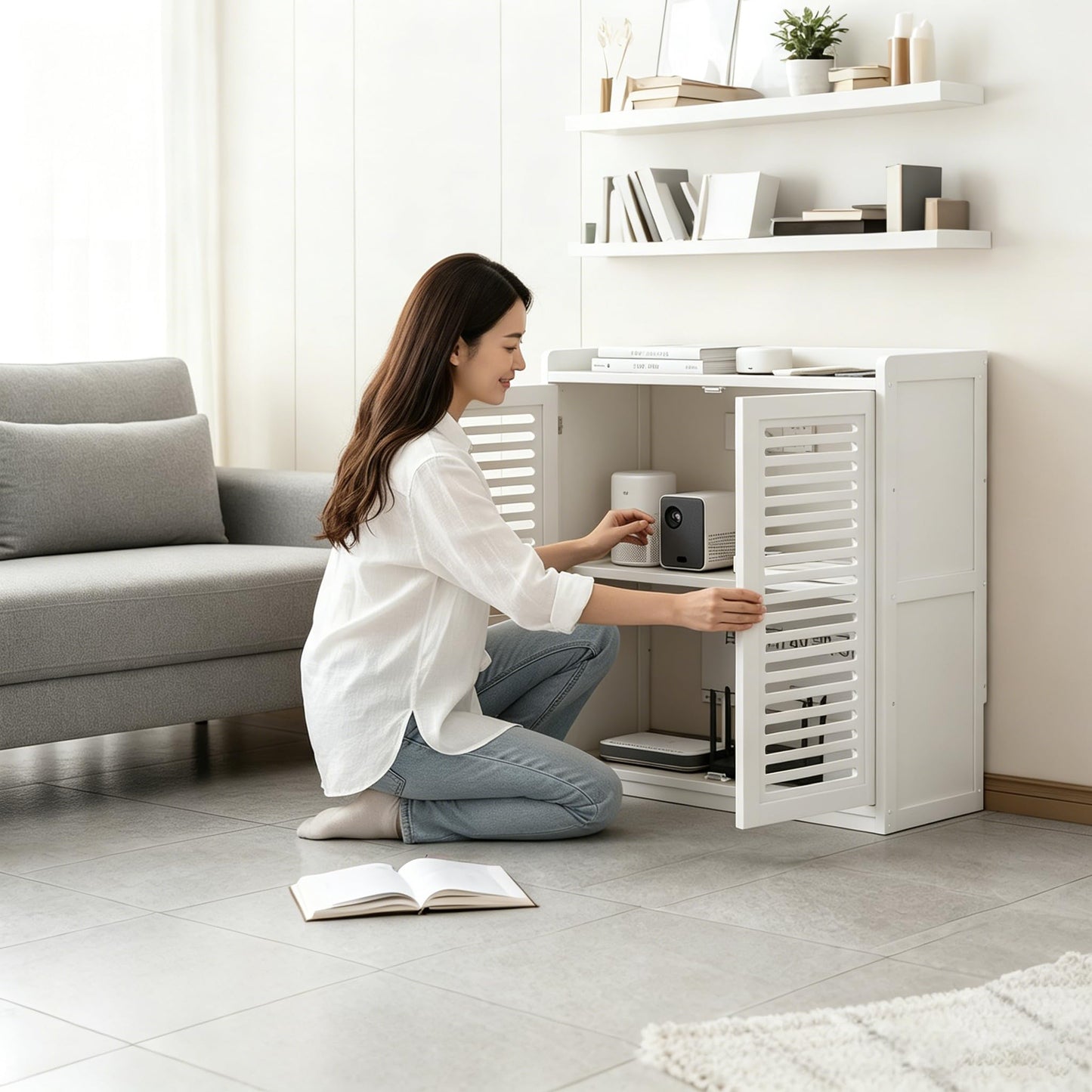 GODNOEI Large WiFi Router Cabinet Floor Standing Storage Box Modem Organizer for Home Office Bedroom White