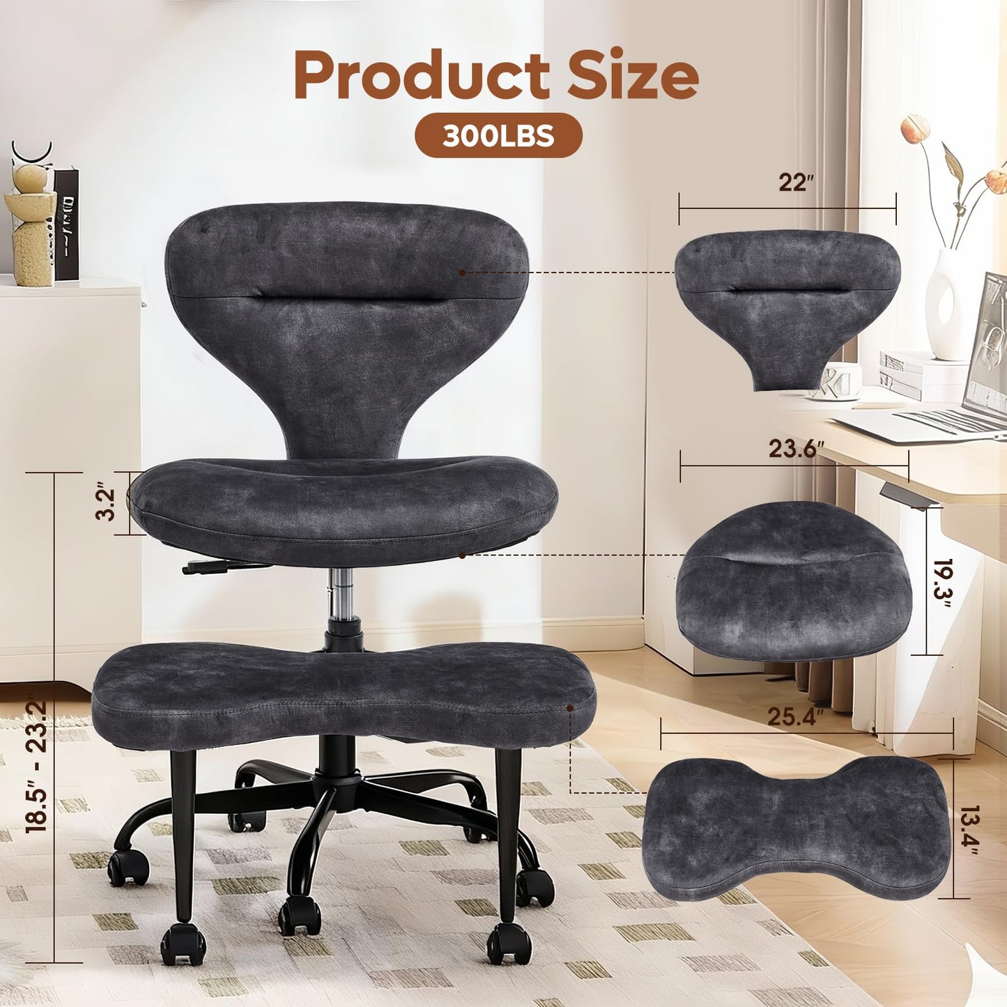 YFO Ergonomic Cross Legged Office Chair and ADHD Meditation Chair with Silent Wheels for Home Office Desk Chair and Yoga, Wider Backrest Support and Storage Pockets Design, Velvet Fabric, Grey