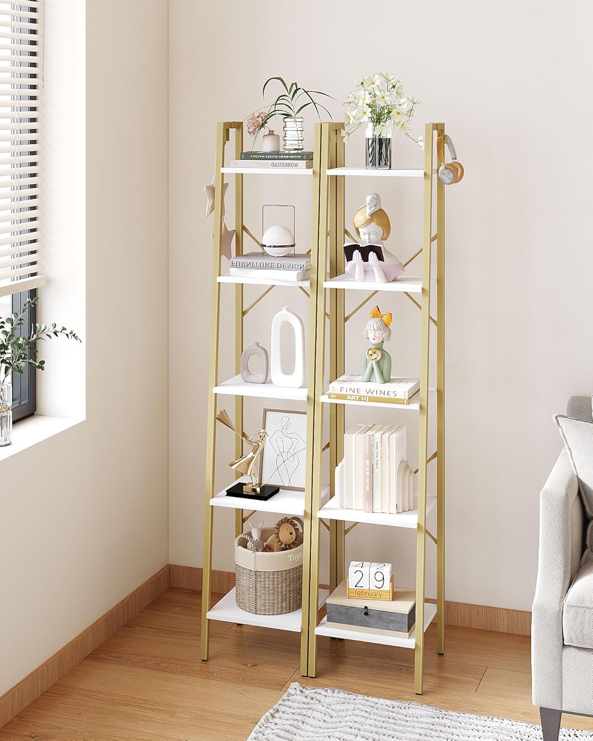 Hzuaneri Ladder Shelf, Bookshelf Bookcase, Freestanding Corner Storage Shelve with 2 Hooks for Home Office, Living Room, Kitchen, Bedroom, Industrial, 11.8" D x 13.4" W x 63" H, White Gold BC03213G
