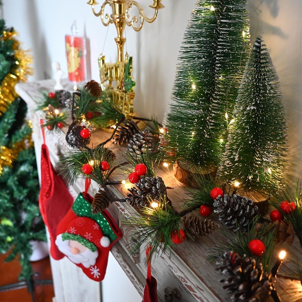 2025 Upgraded Christmas Garland Lights 9.84FT Holiday Prelit Garlands Pine Cone with Red Berry Battery Operated with Timer Garland Wreath Xmas Decor Lights for Outdoor Indoor Christmas Home Decoration